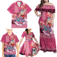 Hawaii Mele Kalikimaka Family Matching Off Shoulder Maxi Dress and Hawaiian Shirt Funny Santa with Tribal Tattoos Kakau Pink Color LT03 - Polynesian Pride