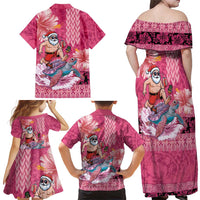 Hawaii Mele Kalikimaka Family Matching Off Shoulder Maxi Dress and Hawaiian Shirt Funny Santa with Tribal Tattoos Kakau Pink Color LT03 - Polynesian Pride
