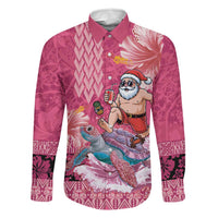 Hawaii Mele Kalikimaka Family Matching Off Shoulder Maxi Dress and Hawaiian Shirt Funny Santa with Tribal Tattoos Kakau Pink Color LT03 Dad's Shirt - Long Sleeve Pink - Polynesian Pride