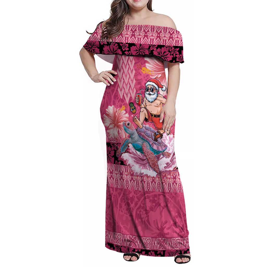 Hawaii Mele Kalikimaka Family Matching Off Shoulder Maxi Dress and Hawaiian Shirt Funny Santa with Tribal Tattoos Kakau Pink Color LT03 Mom's Dress Pink - Polynesian Pride