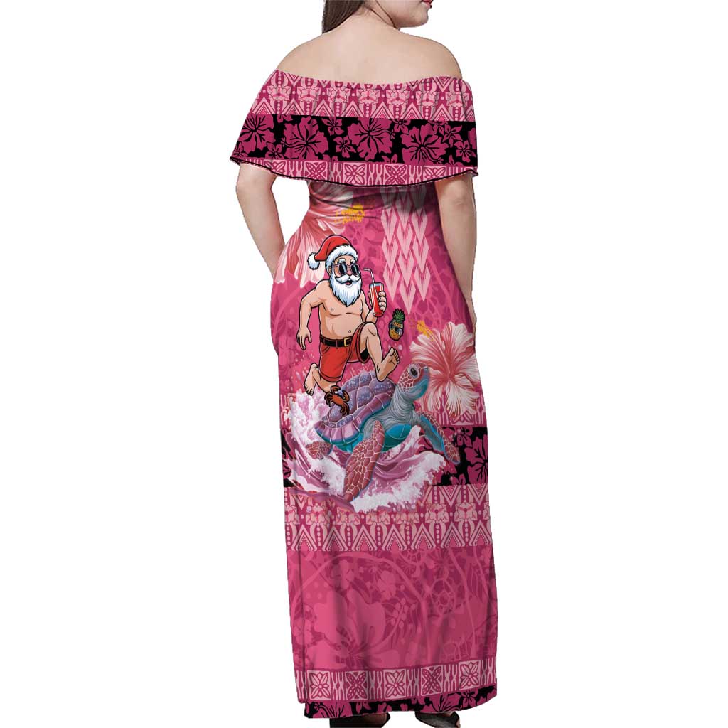 Hawaii Mele Kalikimaka Family Matching Off Shoulder Maxi Dress and Hawaiian Shirt Funny Santa with Tribal Tattoos Kakau Pink Color LT03 - Polynesian Pride