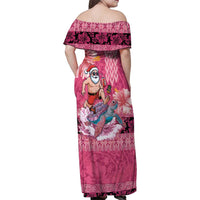 Hawaii Mele Kalikimaka Family Matching Off Shoulder Maxi Dress and Hawaiian Shirt Funny Santa with Tribal Tattoos Kakau Pink Color LT03 - Polynesian Pride