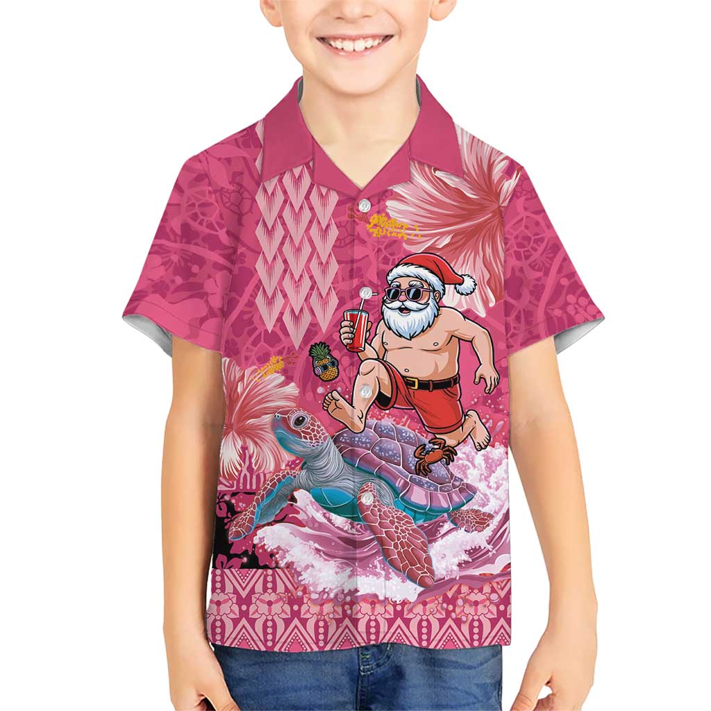 Hawaii Mele Kalikimaka Family Matching Off Shoulder Maxi Dress and Hawaiian Shirt Funny Santa with Tribal Tattoos Kakau Pink Color LT03 Son's Shirt Pink - Polynesian Pride