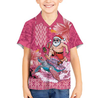 Hawaii Mele Kalikimaka Family Matching Off Shoulder Maxi Dress and Hawaiian Shirt Funny Santa with Tribal Tattoos Kakau Pink Color LT03 Son's Shirt Pink - Polynesian Pride