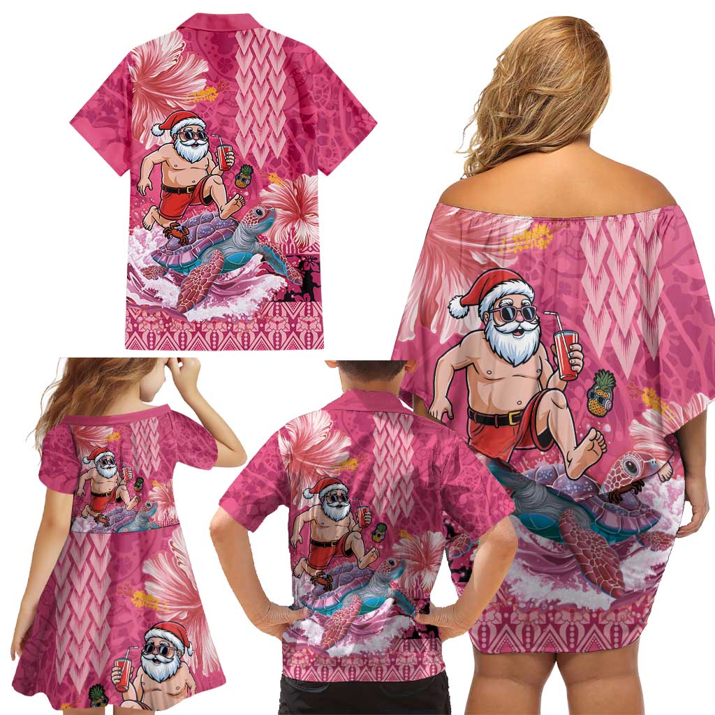 Hawaii Mele Kalikimaka Family Matching Off Shoulder Short Dress and Hawaiian Shirt Funny Santa with Tribal Tattoos Kakau Pink Color - Polynesian Pride