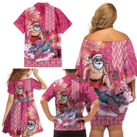Hawaii Mele Kalikimaka Family Matching Off Shoulder Short Dress and Hawaiian Shirt Funny Santa with Tribal Tattoos Kakau Pink Color - Polynesian Pride