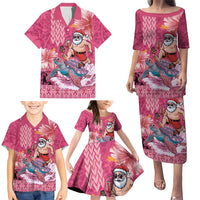 Hawaii Mele Kalikimaka Family Matching Puletasi and Hawaiian Shirt Funny Santa with Tribal Tattoos Kakau Pink Color - Polynesian Pride