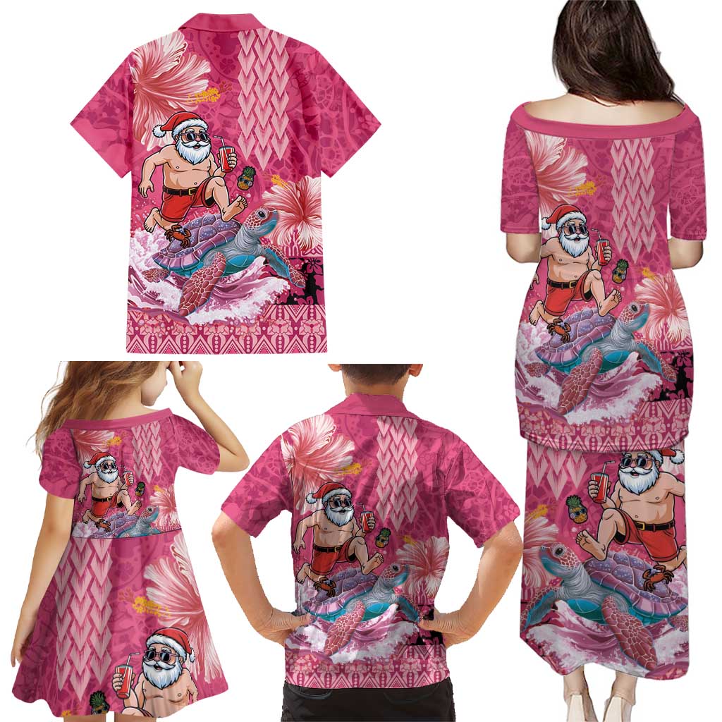 Hawaii Mele Kalikimaka Family Matching Puletasi and Hawaiian Shirt Funny Santa with Tribal Tattoos Kakau Pink Color - Polynesian Pride