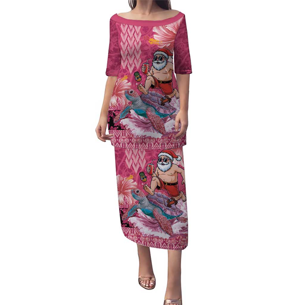 Hawaii Mele Kalikimaka Family Matching Puletasi and Hawaiian Shirt Funny Santa with Tribal Tattoos Kakau Pink Color - Polynesian Pride