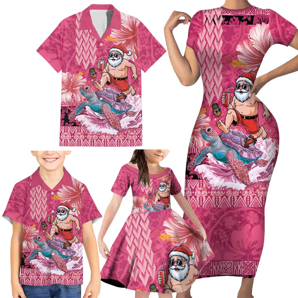 Hawaii Mele Kalikimaka Family Matching Short Sleeve Bodycon Dress and Hawaiian Shirt Funny Santa with Tribal Tattoos Kakau Pink Color LT03 - Polynesian Pride