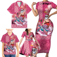 Hawaii Mele Kalikimaka Family Matching Short Sleeve Bodycon Dress and Hawaiian Shirt Funny Santa with Tribal Tattoos Kakau Pink Color LT03 - Polynesian Pride