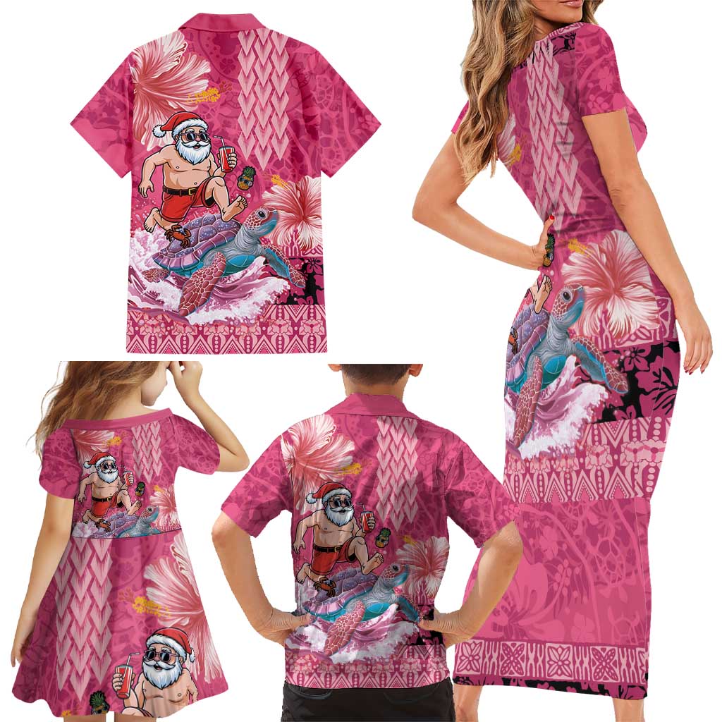 Hawaii Mele Kalikimaka Family Matching Short Sleeve Bodycon Dress and Hawaiian Shirt Funny Santa with Tribal Tattoos Kakau Pink Color LT03 - Polynesian Pride