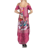 Hawaii Mele Kalikimaka Family Matching Summer Maxi Dress and Hawaiian Shirt Funny Santa with Tribal Tattoos Kakau Pink Color - Polynesian Pride