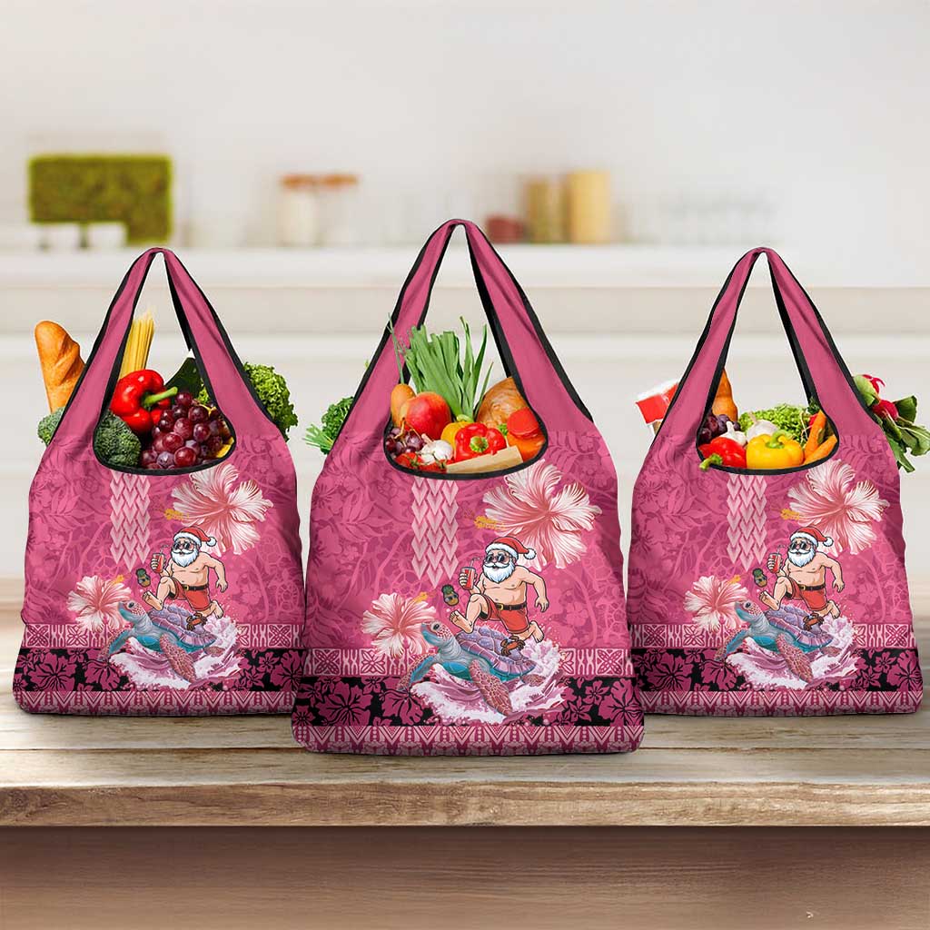 Hawaii Mele Kalikimaka Grocery Bag Funny Santa with Tribal Tattoos Kakau Pink Color - Polynesian Pride