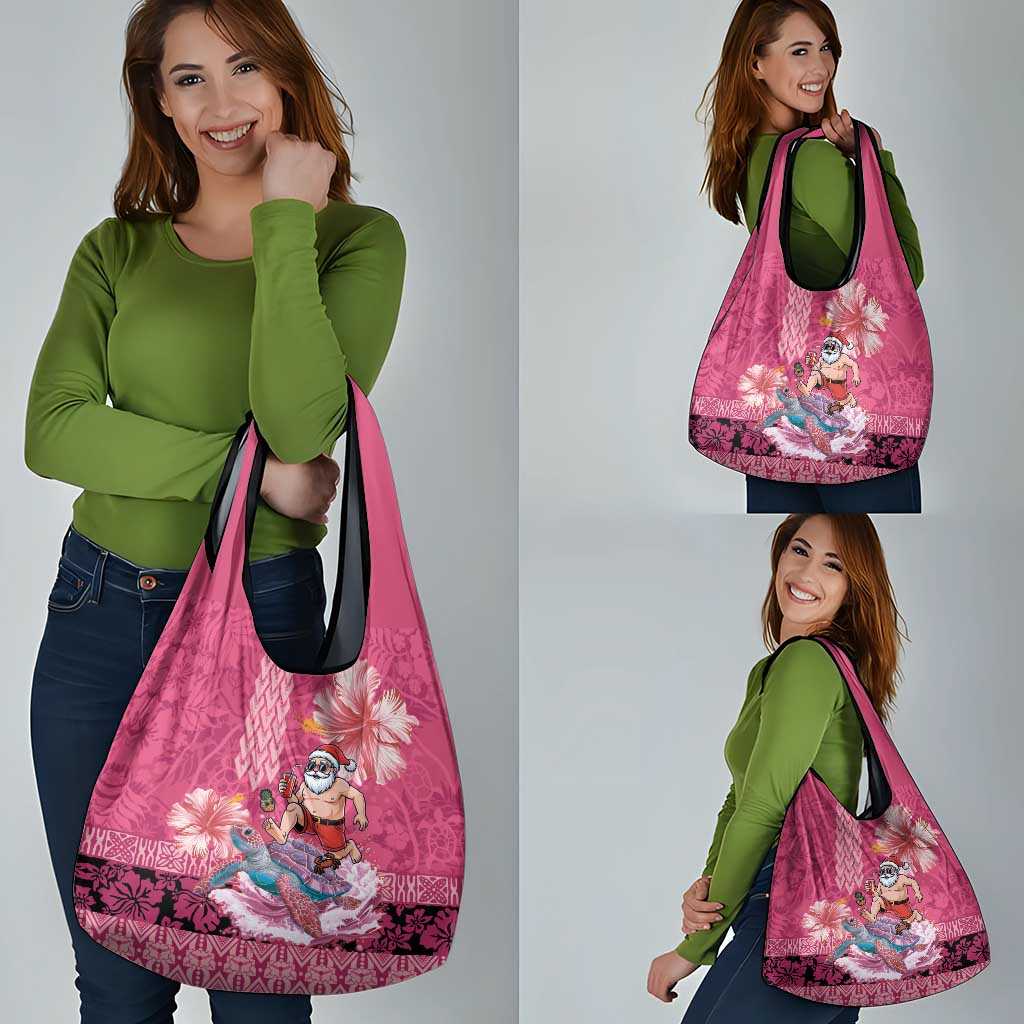 Hawaii Mele Kalikimaka Grocery Bag Funny Santa with Tribal Tattoos Kakau Pink Color - Polynesian Pride
