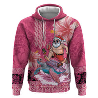 Hawaii Mele Kalikimaka Hoodie Funny Santa with Tribal Tattoos Kakau Pink Color - Polynesian Pride