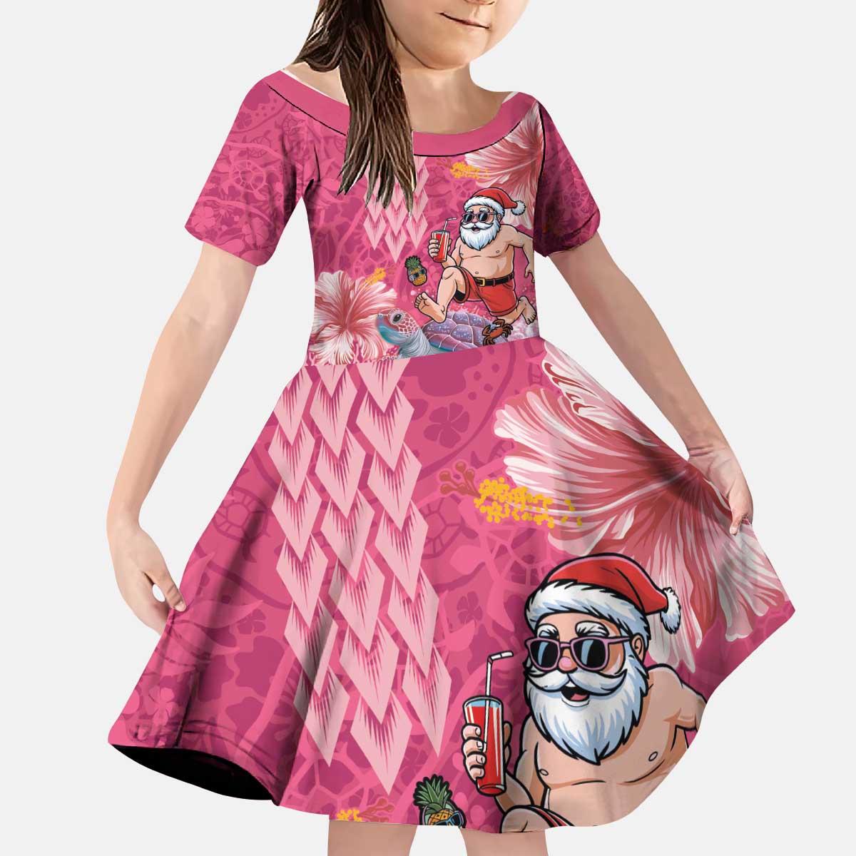 Hawaii Mele Kalikimaka Kid Short Sleeve Dress Funny Santa with Tribal Tattoos Kakau Pink Color - Polynesian Pride