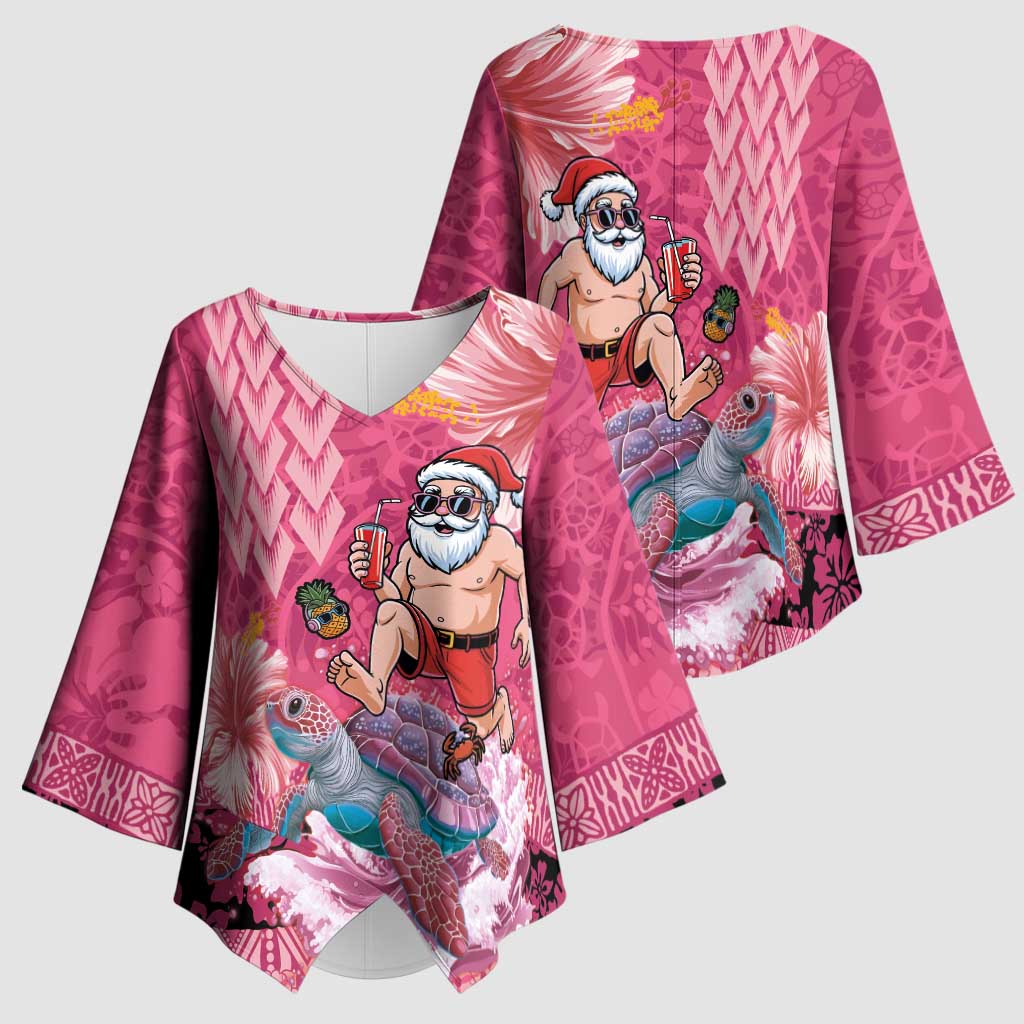 Hawaii Mele Kalikimaka Kimono Sleeve Blouse Funny Santa with Tribal Tattoos Kakau Pink Color - Polynesian Pride