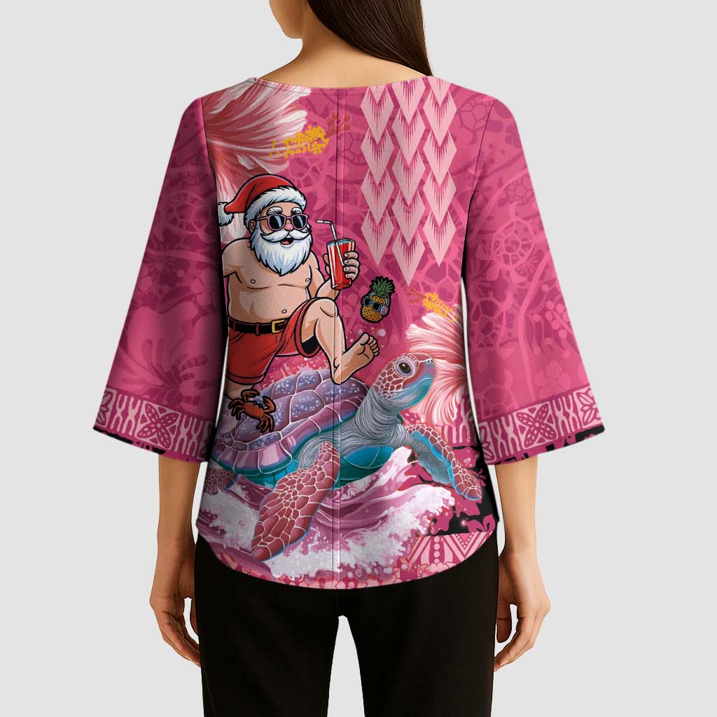 Hawaii Mele Kalikimaka Kimono Sleeve Blouse Funny Santa with Tribal Tattoos Kakau Pink Color - Polynesian Pride