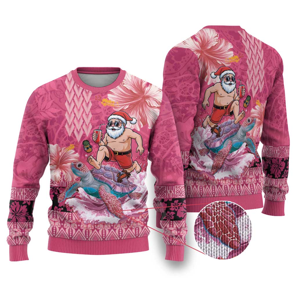 Hawaii Mele Kalikimaka Ugly Christmas Sweater Funny Santa with Tribal Tattoos Kakau Pink Color - Polynesian Pride