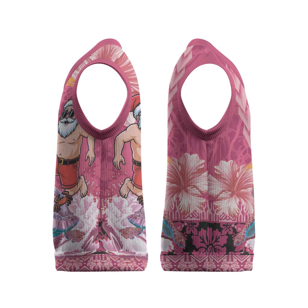 Hawaii Mele Kalikimaka Christmas Knitted V-Neck Vest Funny Santa with Tribal Tattoos Kakau Pink Color - Polynesian Pride