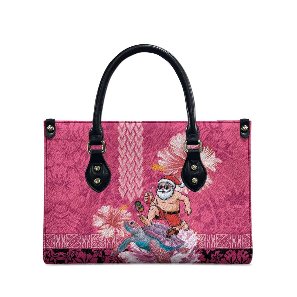 Hawaii Mele Kalikimaka Leather Bag Funny Santa with Tribal Tattoos Kakau Pink Color - Polynesian Pride