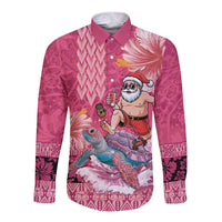 Hawaii Mele Kalikimaka Long Sleeve Button Shirt Funny Santa with Tribal Tattoos Kakau Pink Color - Polynesian Pride