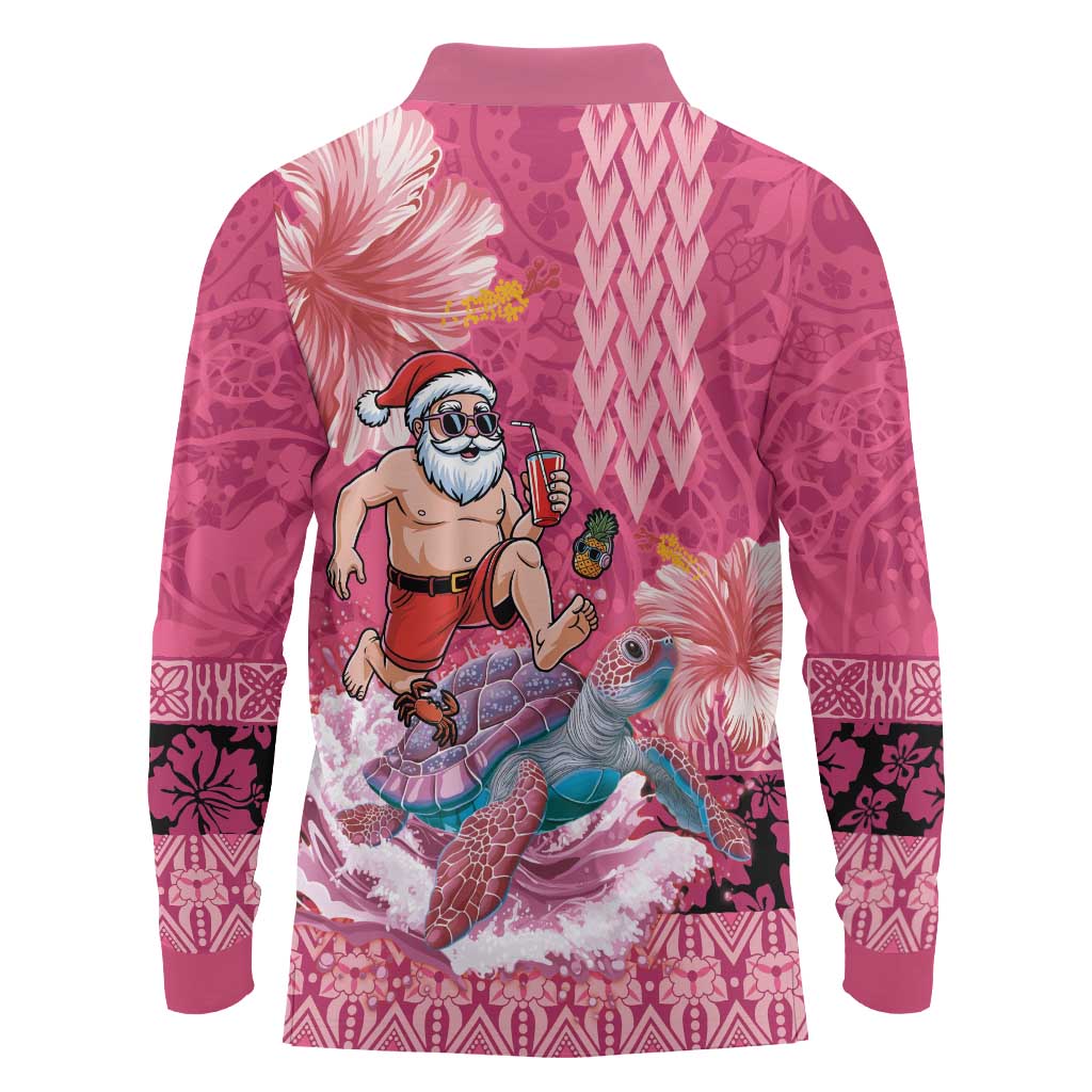 Hawaii Mele Kalikimaka Long Sleeve Polo Shirt Funny Santa with Tribal Tattoos Kakau Pink Color - Polynesian Pride