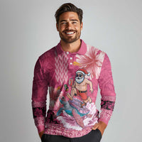 Hawaii Mele Kalikimaka Long Sleeve Polo Shirt Funny Santa with Tribal Tattoos Kakau Pink Color - Polynesian Pride