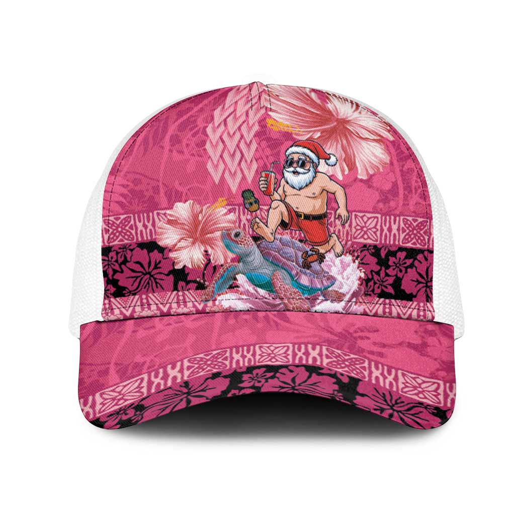 Hawaii Mele Kalikimaka Mesh Trucker Cap Funny Santa with Tribal Tattoos Kakau Pink Color - Polynesian Pride