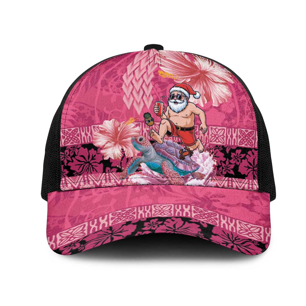 Hawaii Mele Kalikimaka Mesh Trucker Cap Funny Santa with Tribal Tattoos Kakau Pink Color - Polynesian Pride