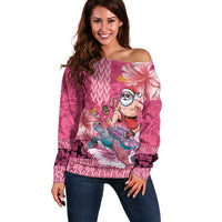 Hawaii Mele Kalikimaka Off Shoulder Sweater Funny Santa with Tribal Tattoos Kakau Pink Color - Polynesian Pride