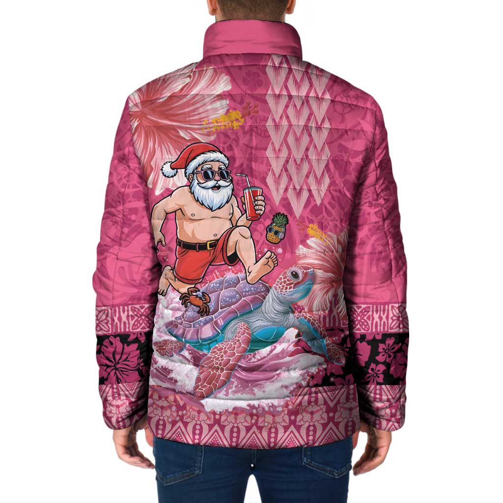 Hawaii Mele Kalikimaka Padded Jacket Funny Santa with Tribal Tattoos Kakau Pink Color - Polynesian Pride