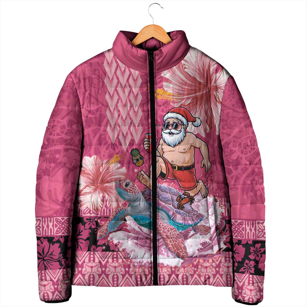 Hawaii Mele Kalikimaka Padded Jacket Funny Santa with Tribal Tattoos Kakau Pink Color - Polynesian Pride