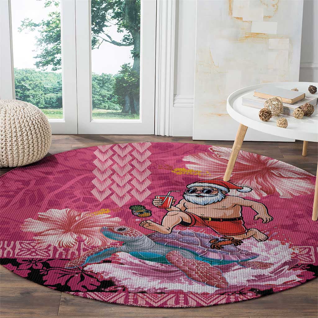 Hawaii Mele Kalikimaka Round Carpet Funny Santa with Tribal Tattoos Kakau Pink Color - Polynesian Pride