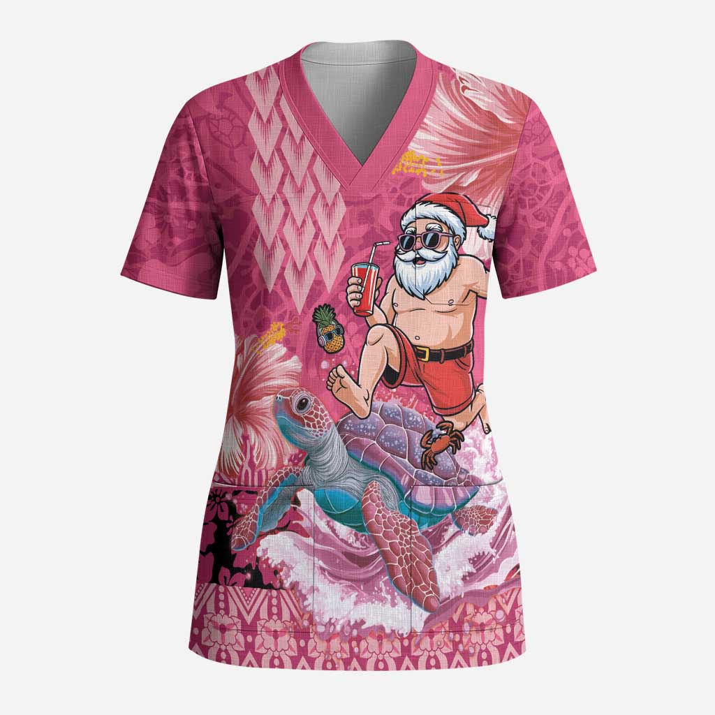 Hawaii Mele Kalikimaka Scrub Top Funny Santa with Tribal Tattoos Kakau Pink Color - Polynesian Pride
