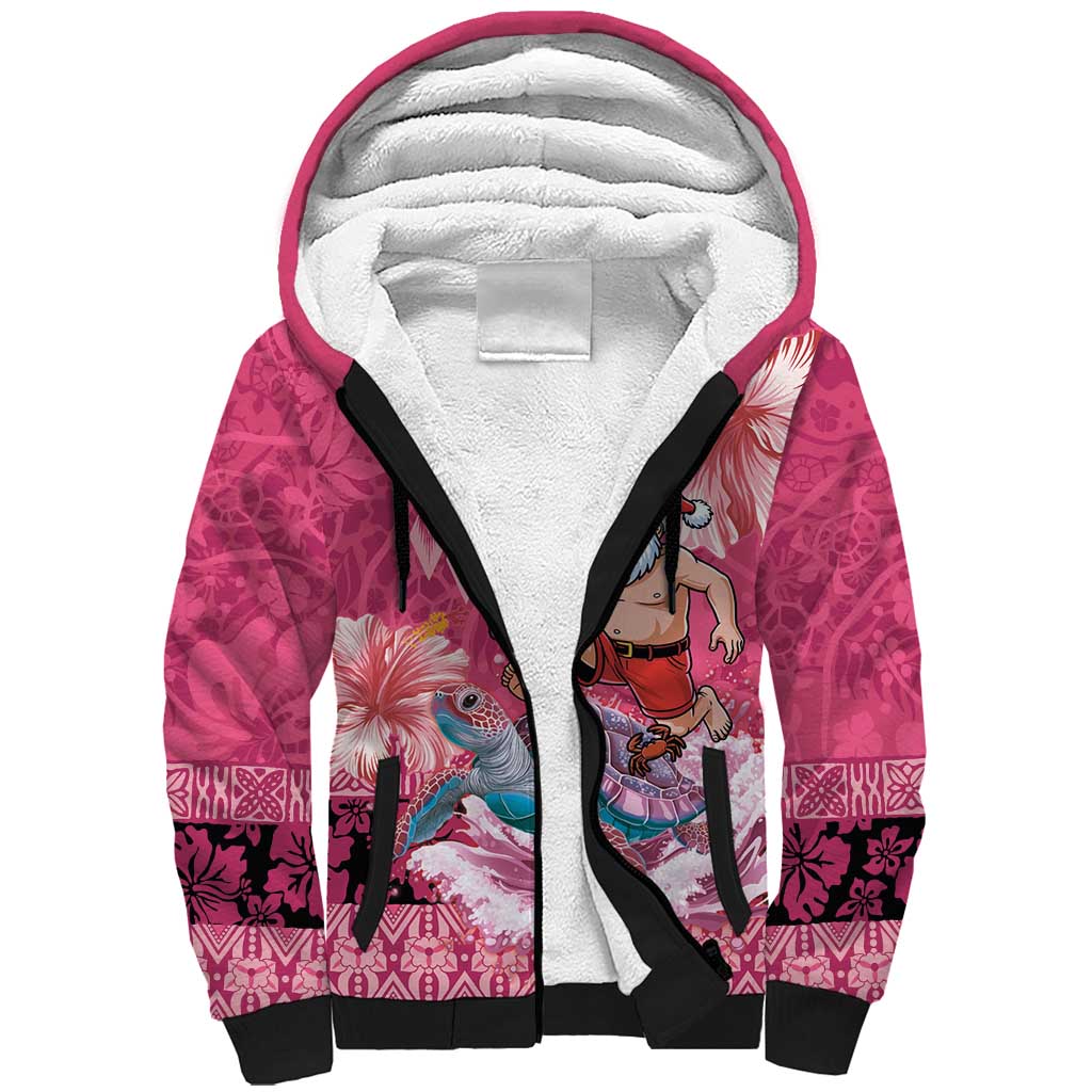 Hawaii Mele Kalikimaka Sherpa Hoodie Funny Santa with Tribal Tattoos Kakau Pink Color - Polynesian Pride