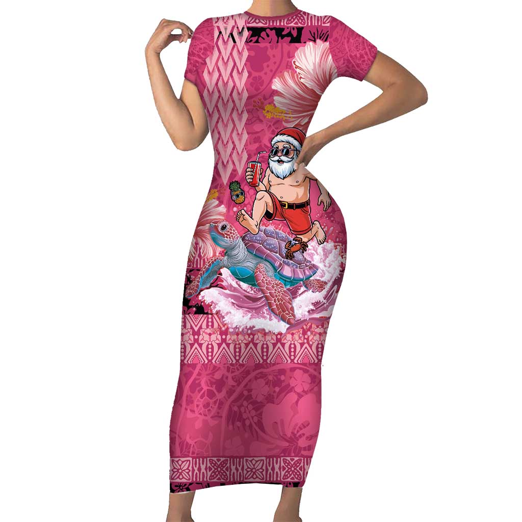 Hawaii Mele Kalikimaka Short Sleeve Bodycon Dress Funny Santa with Tribal Tattoos Kakau Pink Color - Polynesian Pride