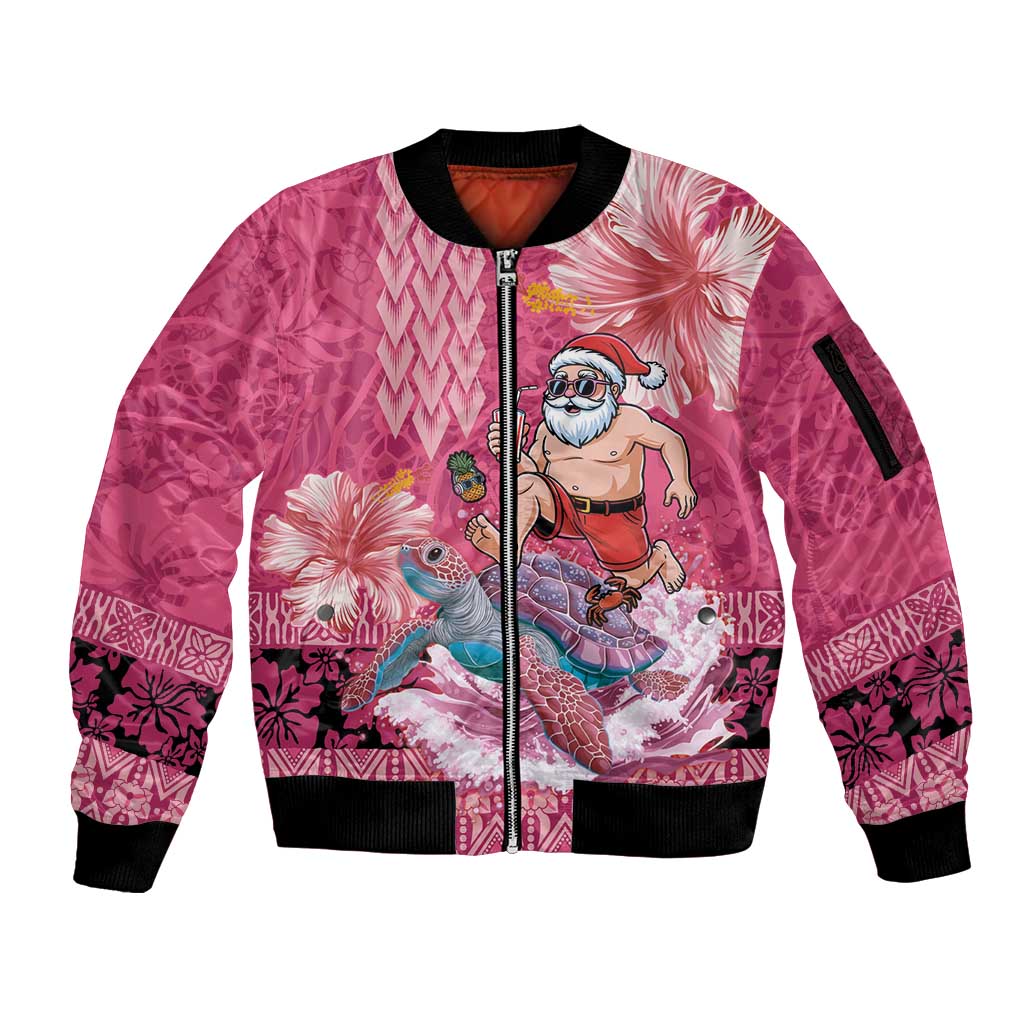 Hawaii Mele Kalikimaka Sleeve Zip Bomber Jacket Funny Santa with Tribal Tattoos Kakau Pink Color - Polynesian Pride