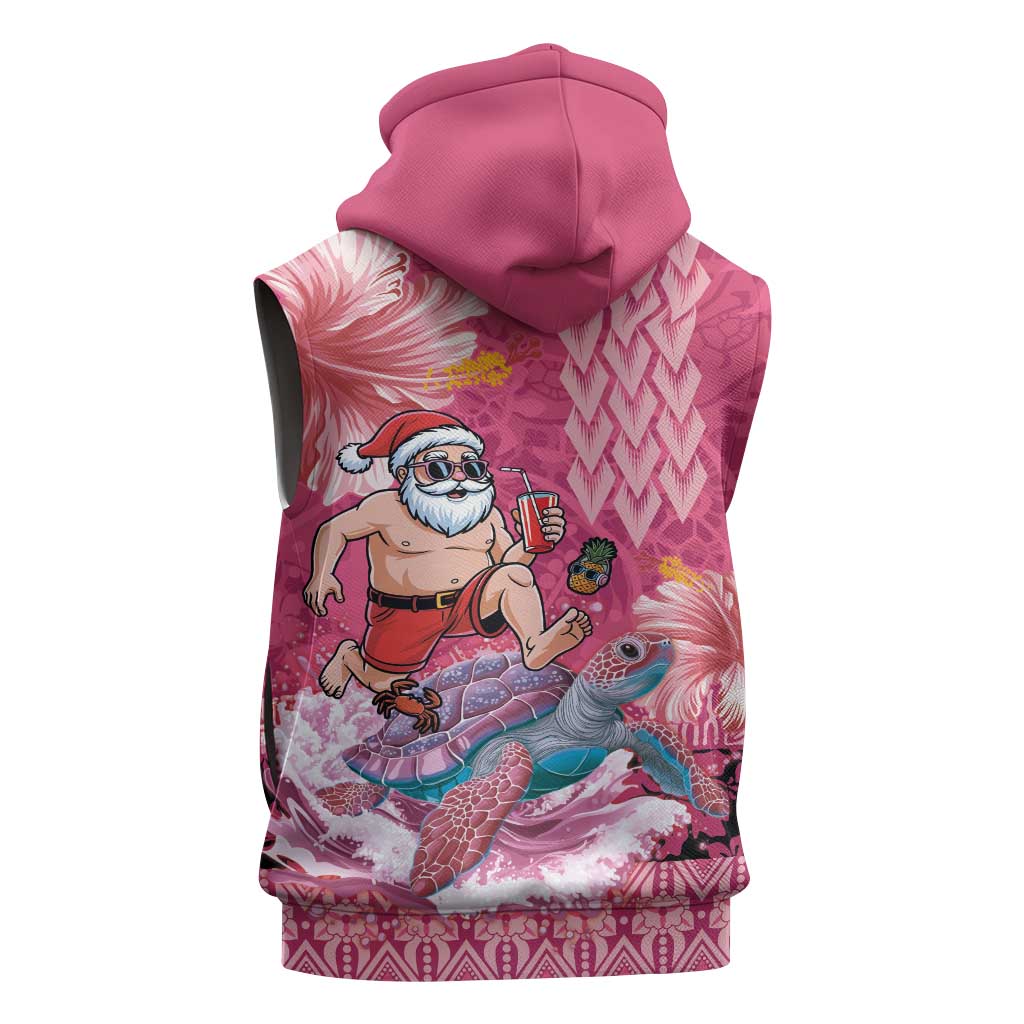 Hawaii Mele Kalikimaka Sleeveless Hoodie Funny Santa with Tribal Tattoos Kakau Pink Color - Polynesian Pride