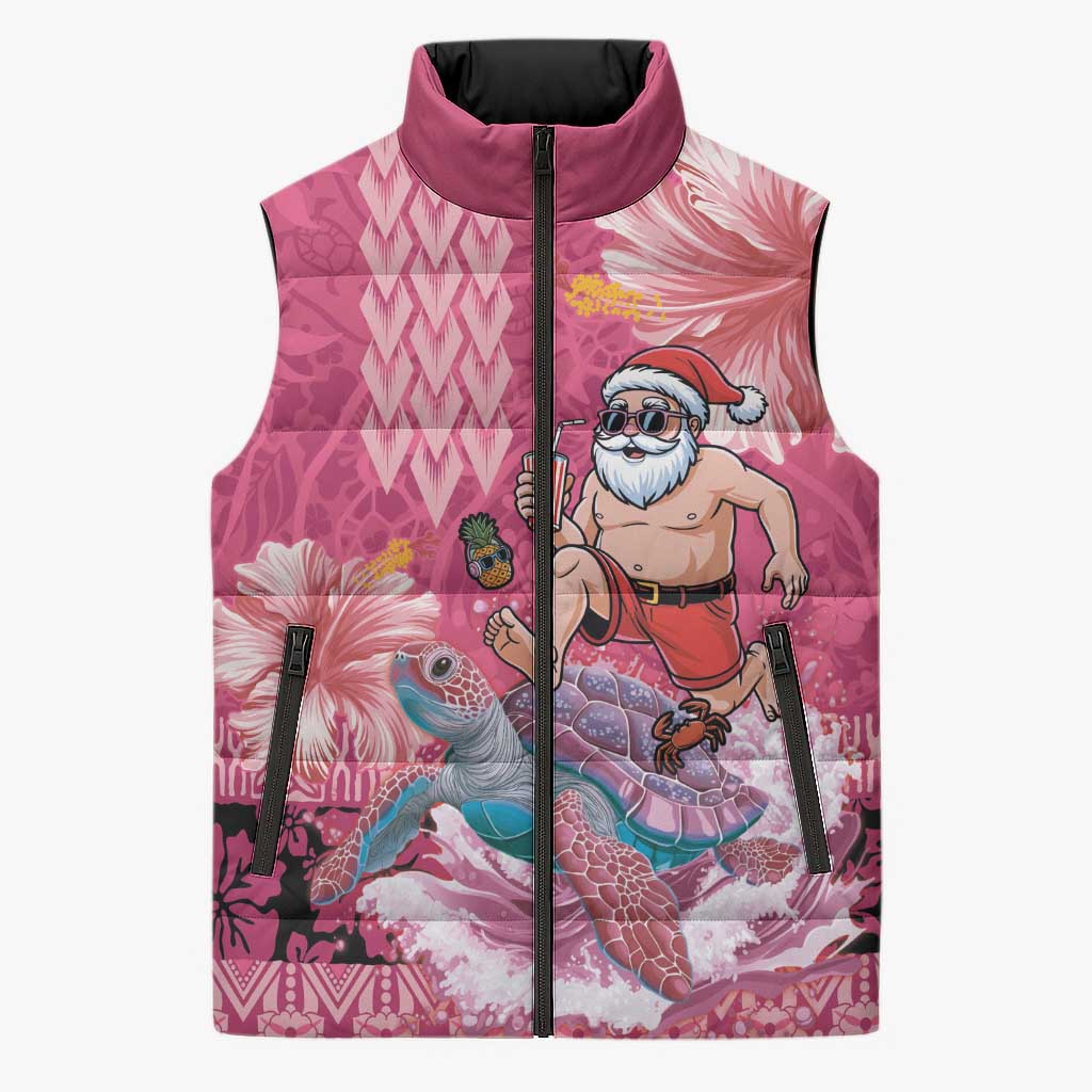 Hawaii Mele Kalikimaka Sleeveless Puffer Jacket Funny Santa with Tribal Tattoos Kakau Pink Color - Polynesian Pride