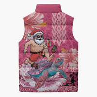 Hawaii Mele Kalikimaka Sleeveless Puffer Jacket Funny Santa with Tribal Tattoos Kakau Pink Color - Polynesian Pride