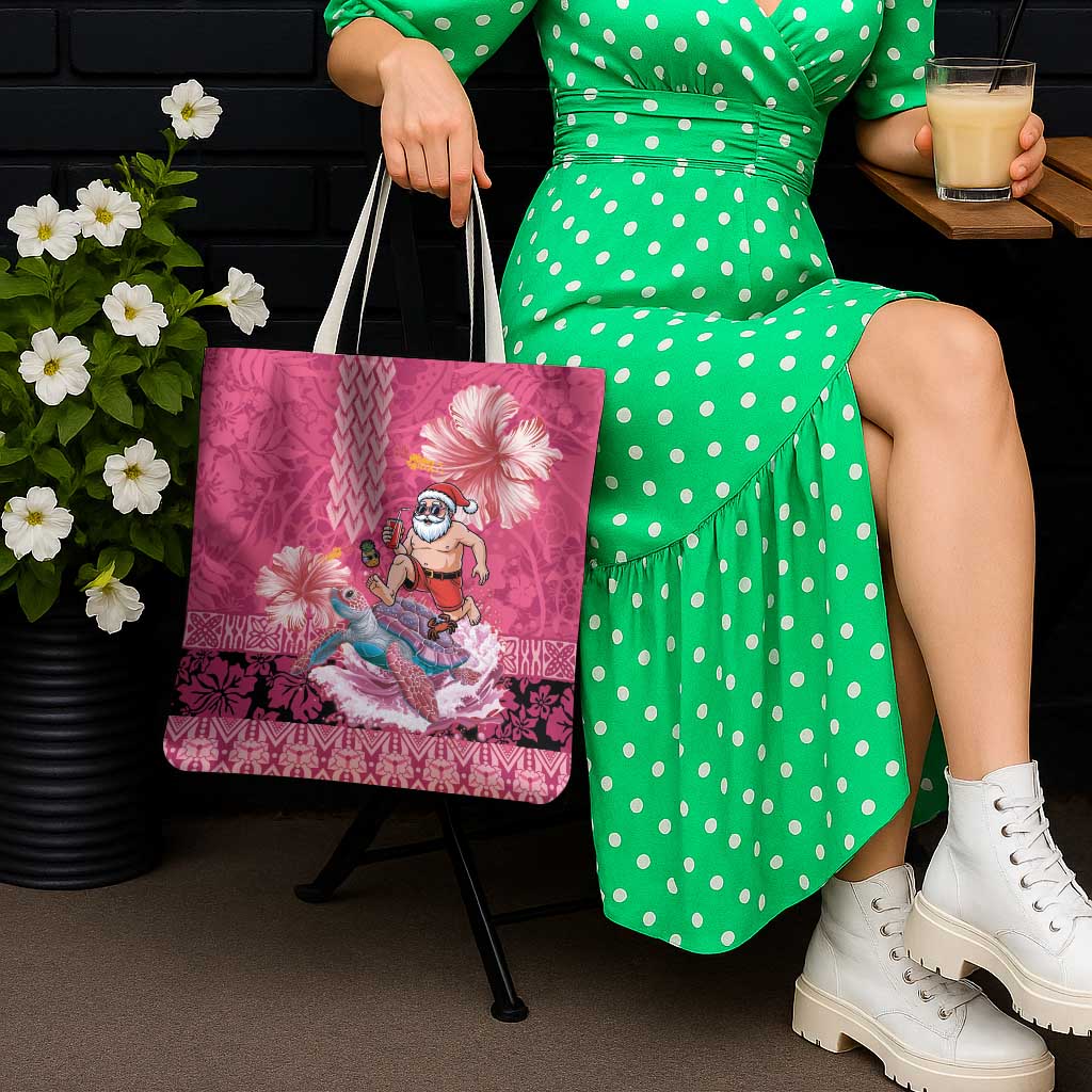 Hawaii Mele Kalikimaka Tote Bag Funny Santa with Tribal Tattoos Kakau Pink Color - Polynesian Pride