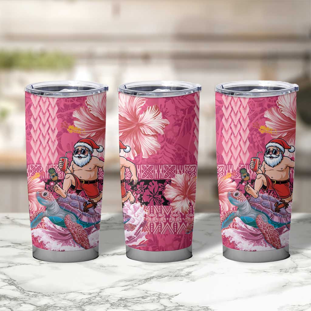 Hawaii Mele Kalikimaka Tumbler Cup Funny Santa with Tribal Tattoos Kakau Pink Color - Polynesian Pride