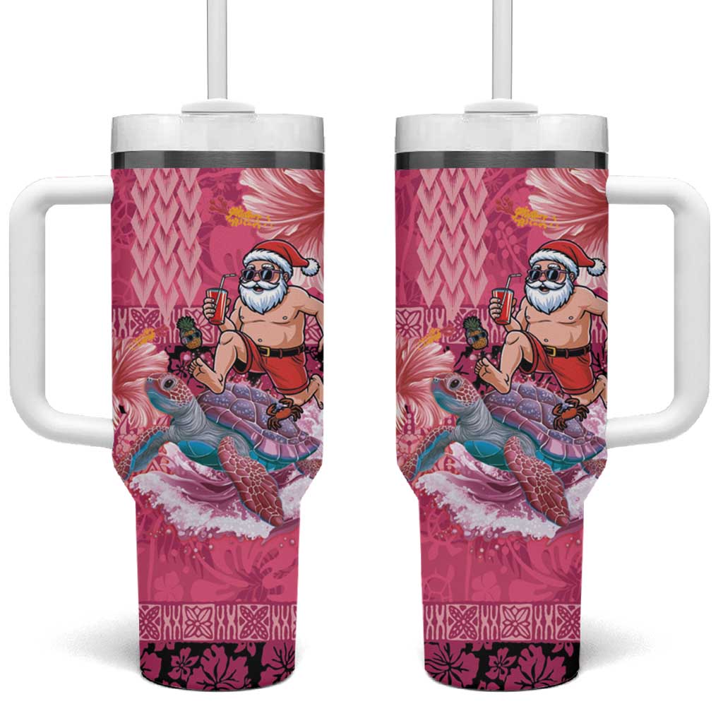 Hawaii Mele Kalikimaka Tumbler With Handle Funny Santa with Tribal Tattoos Kakau Pink Color - Polynesian Pride