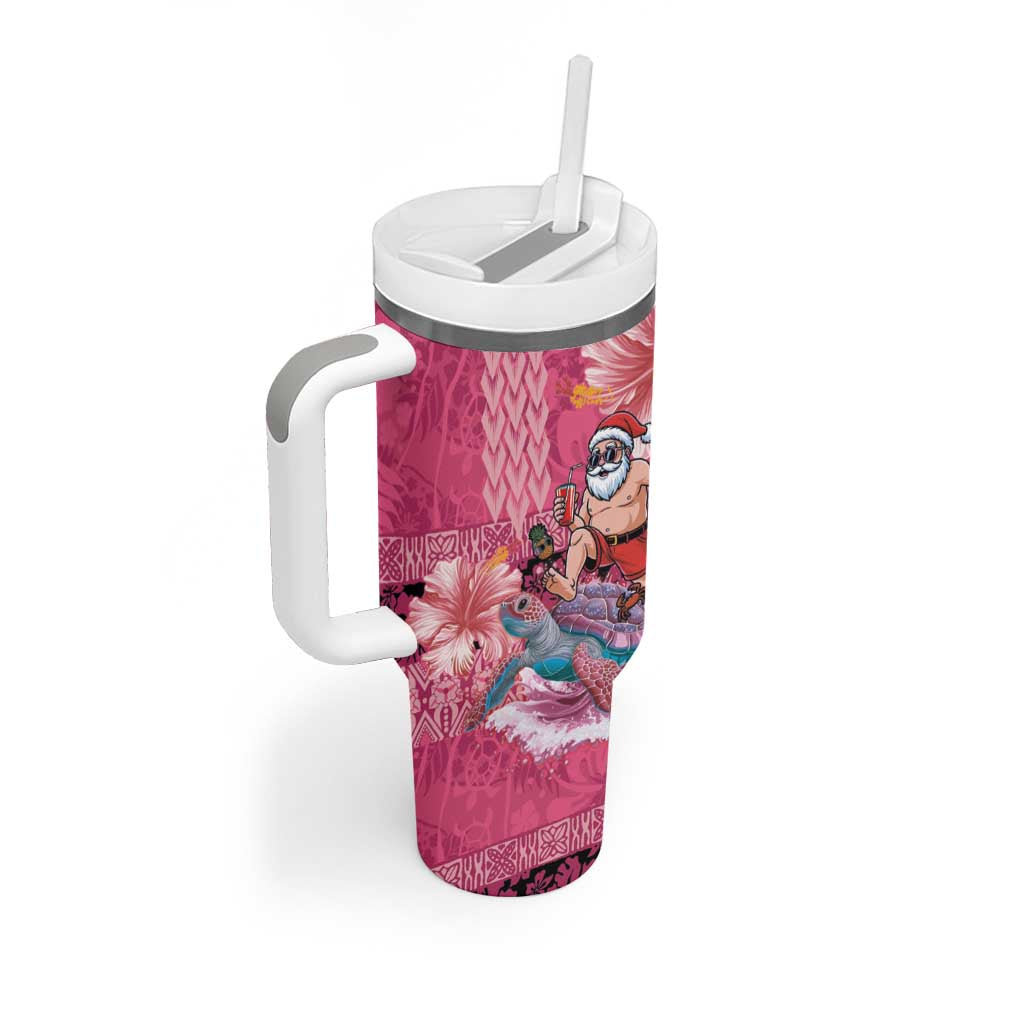 Hawaii Mele Kalikimaka Tumbler With Handle Funny Santa with Tribal Tattoos Kakau Pink Color - Polynesian Pride