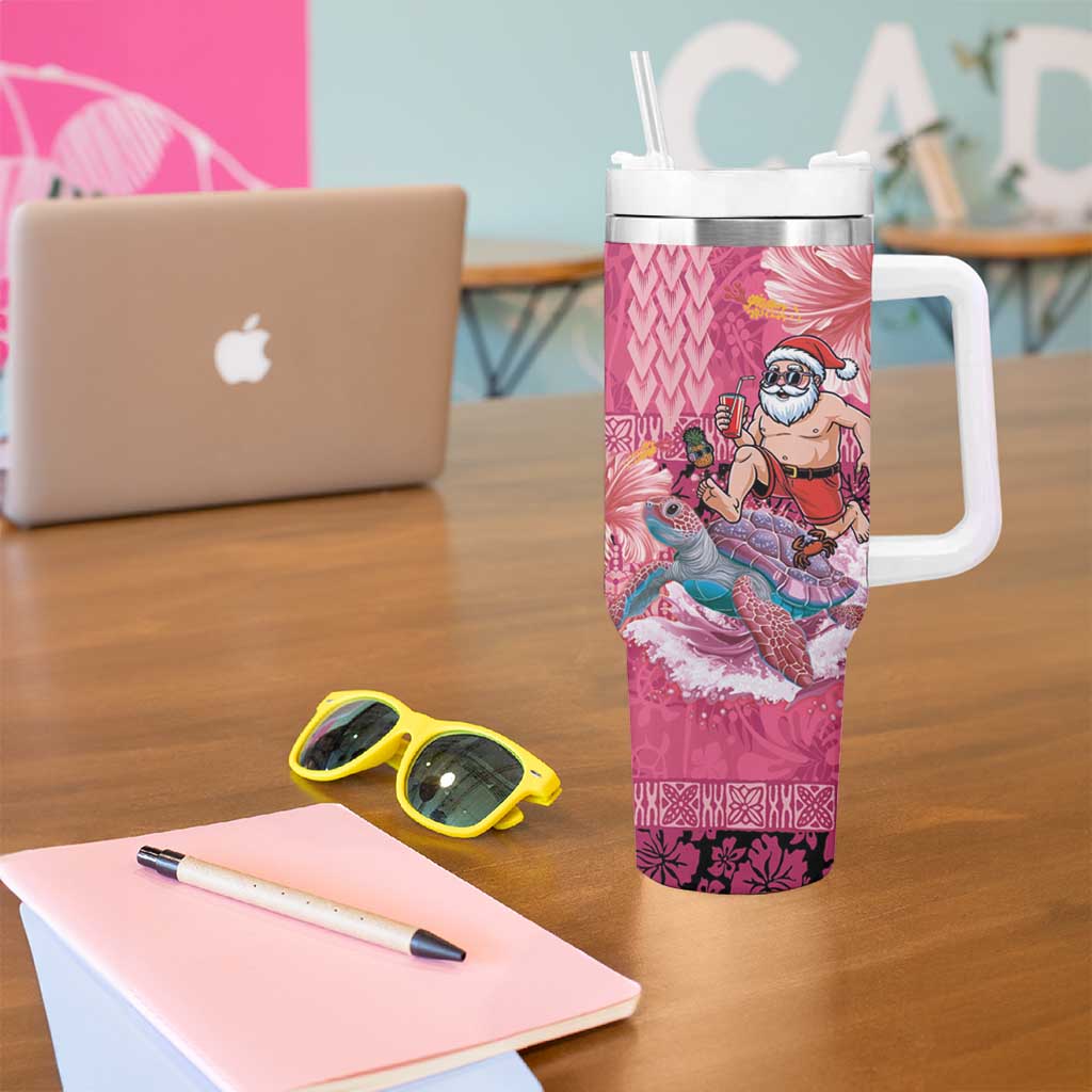 Hawaii Mele Kalikimaka Tumbler With Handle Funny Santa with Tribal Tattoos Kakau Pink Color - Polynesian Pride