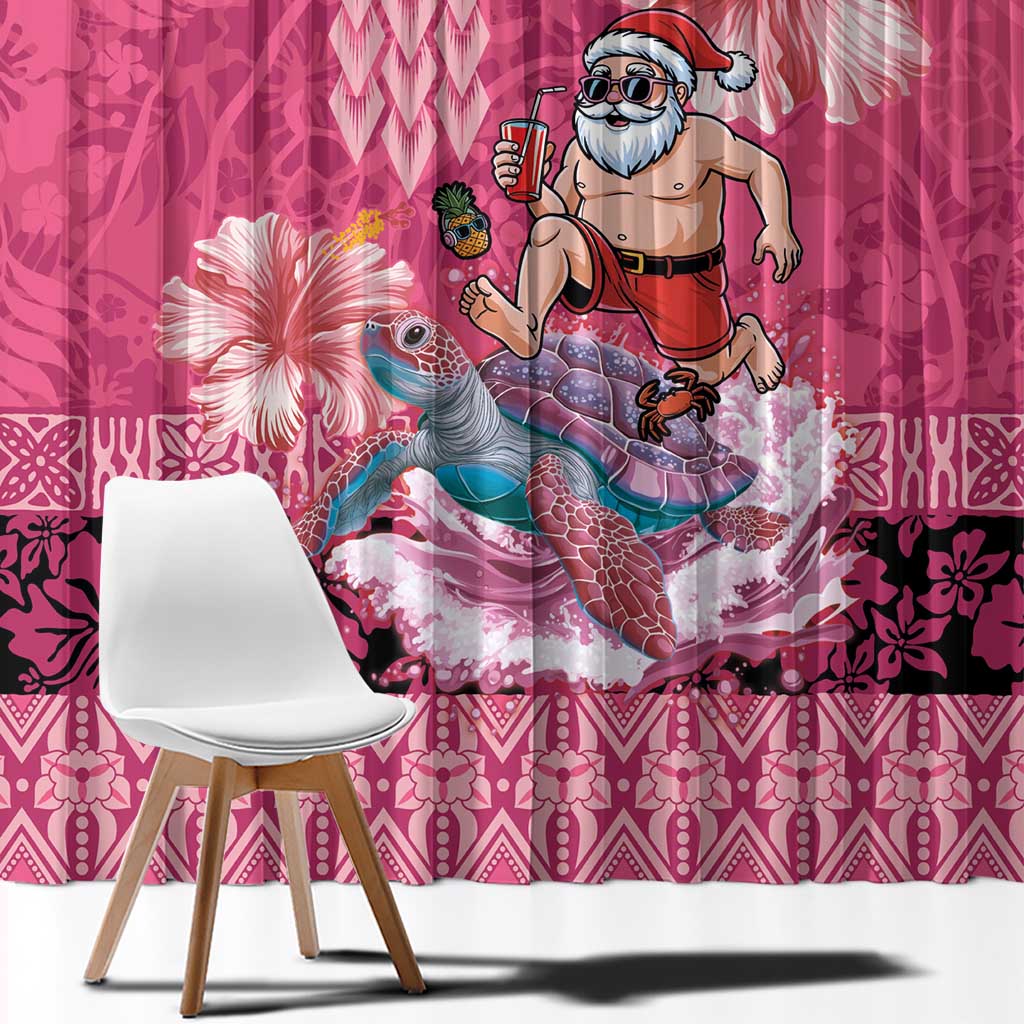 Hawaii Mele Kalikimaka Window Curtain Funny Santa with Tribal Tattoos Kakau Pink Color - Polynesian Pride