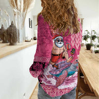 Hawaii Mele Kalikimaka Women Casual Shirt Funny Santa with Tribal Tattoos Kakau Pink Color - Polynesian Pride