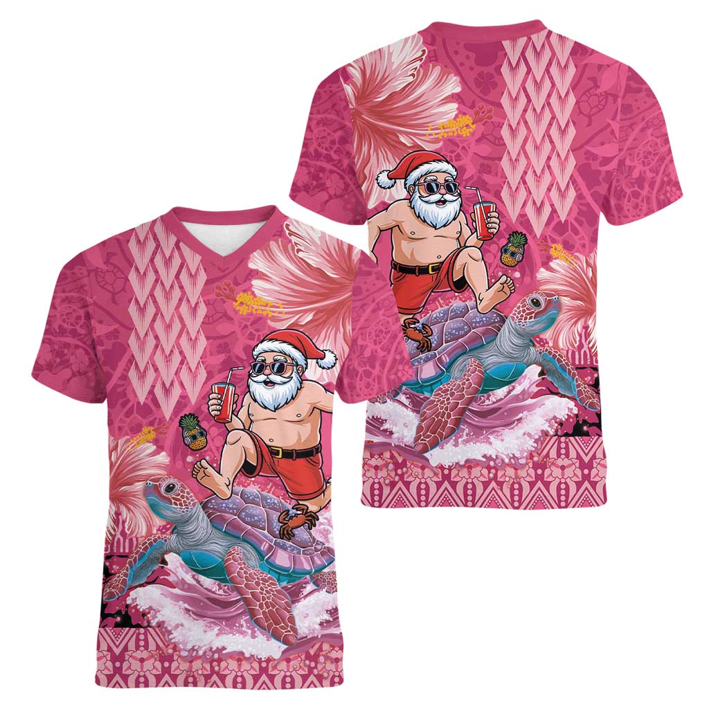 Hawaii Mele Kalikimaka Women V-Neck T-Shirt Funny Santa with Tribal Tattoos Kakau Pink Color - Polynesian Pride